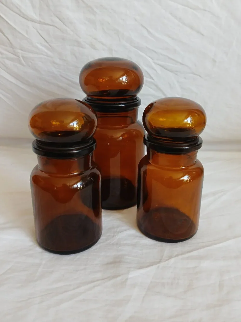 Classic Vintage Brown Bubble Top Belgium Apothecary Jars - 1 Med 2 Smalls 1970s